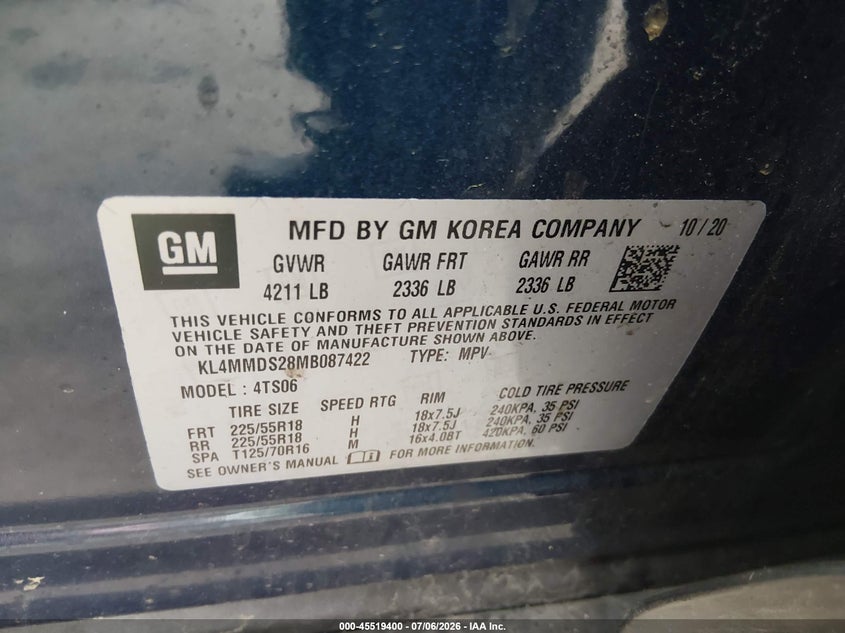 2021 Buick Encore Gx Fwd Select VIN: KL4MMDS28MB087422 Lot: 45519400