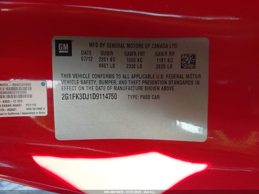 2013 Chevrolet Camaro 2Ss VIN: 2G1FK3DJ1D9114750 Lot: 45519435