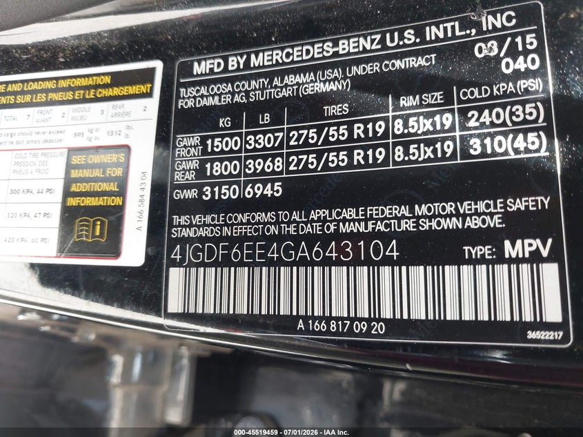2016 Mercedes-Benz Gl 450 4Matic VIN: 4JGDF6EE4GA643104 Lot: 45519459