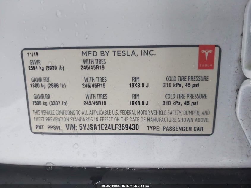 2020 Tesla Model S Long Range Dual Motor All-Wheel Drive/Long Range Plus Dual Motor All-Wheel Drive VIN: 5YJSA1E24LF359430 Lot: 45519465
