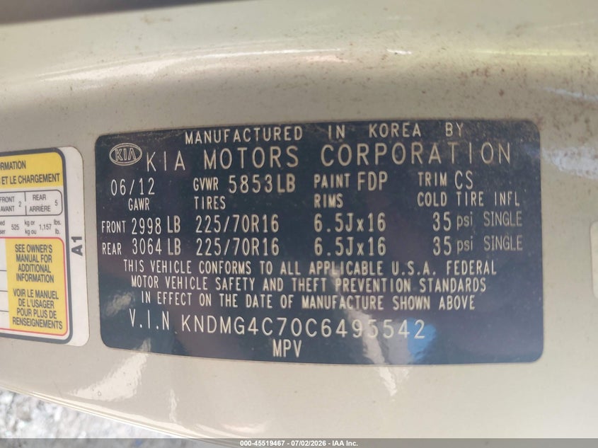 2012 Kia Sedona Lx VIN: KNDMG4C70C6495542 Lot: 45519467