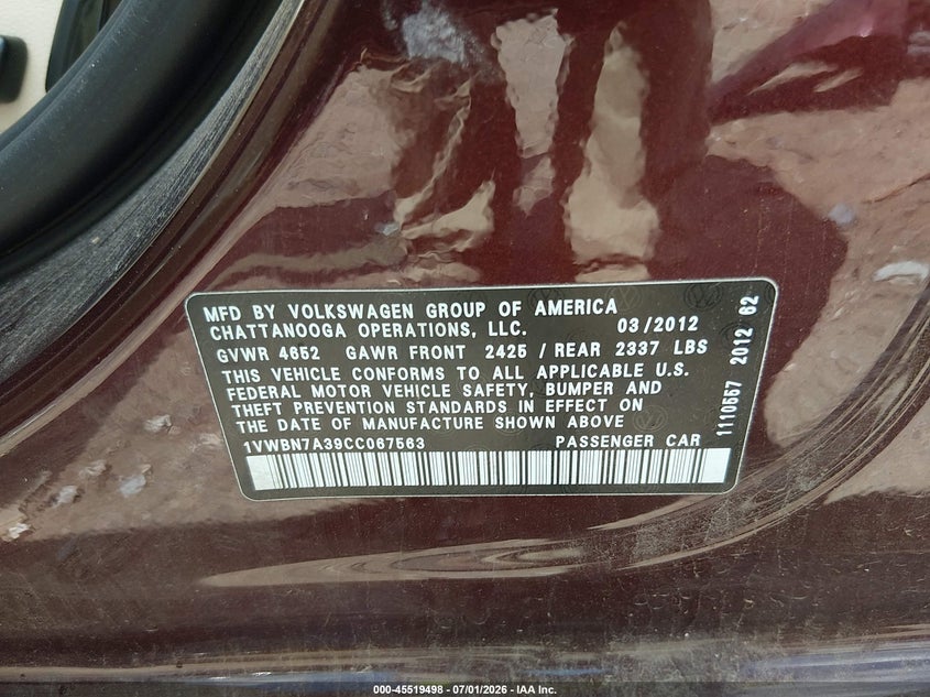 2012 VOLKSWAGEN PASSAT SEDAN 2.0L I-4 DI, DOHC, TURBO, 140HP