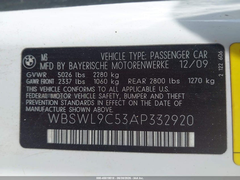 2010 BMW M3 VIN: WBSWL9C53AP332920 Lot: 45519518
