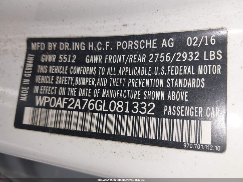 2016 Porsche Panamera Gts VIN: WP0AF2A76GL081332 Lot: 45519536