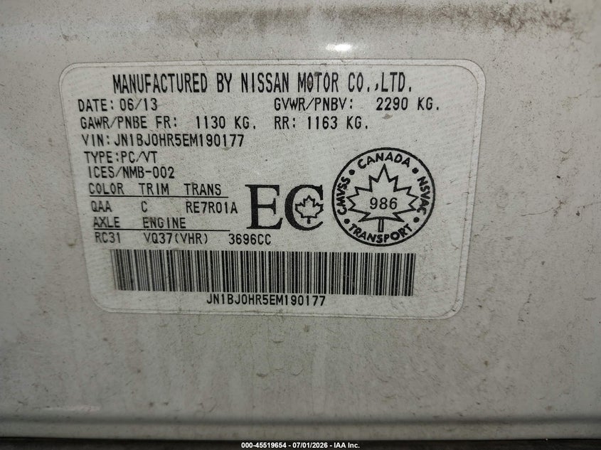 2014 Infiniti Qx50 Journey VIN: JN1BJ0HR5EM190177 Lot: 45519654