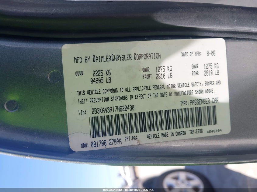 2007 DODGE CHARGER SEDAN 2.7L V-6 DOHC, 190HP