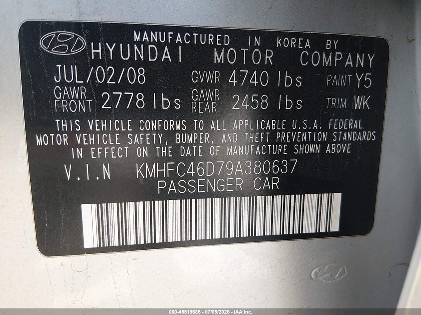 2009 Hyundai Azera Gls VIN: KMHFC46D79A380637 Lot: 45519685