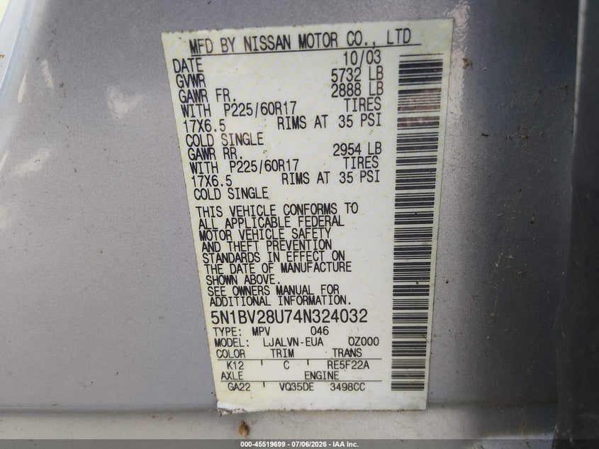 2004 Nissan Quest 3.5 Se VIN: 5N1BV28U74N324032 Lot: 45519699