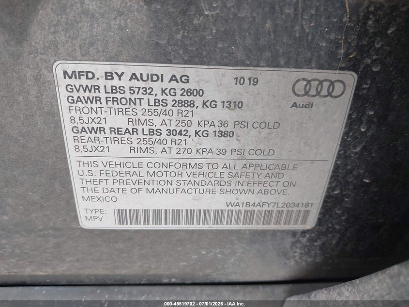 2020 Audi Sq5 Premium Plus Tfsi Quattro Tiptronic VIN: WA1B4AFY7L2034181 Lot: 45519702