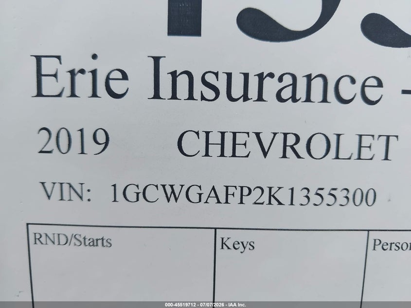 2019 Chevrolet Express 2500 Work Van VIN: 1GCWGAFP2K1355300 Lot: 45519712
