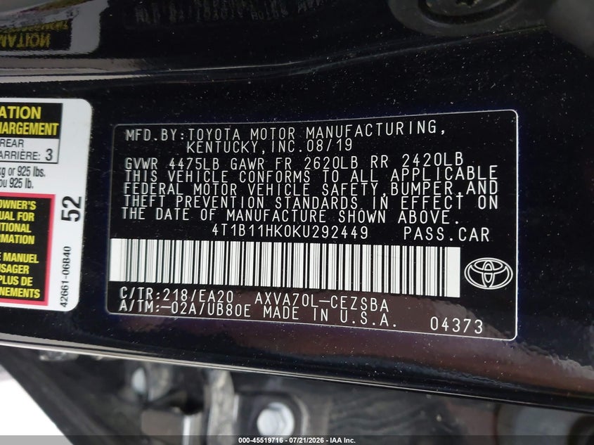 2019 Toyota Camry Se VIN: 4T1B11HK0KU292449 Lot: 45519716