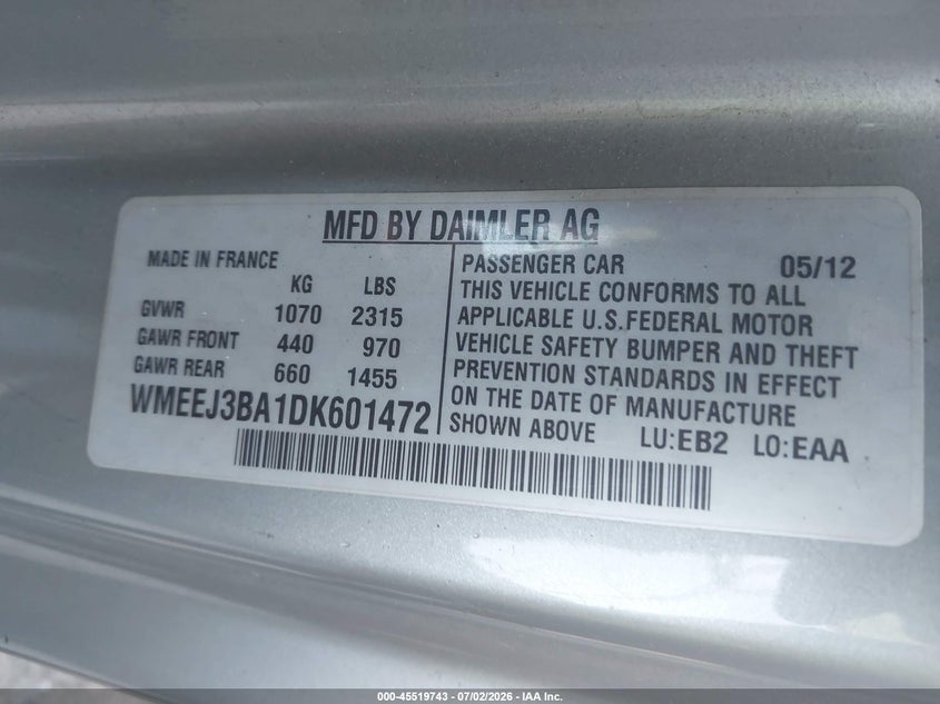 2013 Smart Fortwo Passion VIN: WMEEJ3BA1DK601472 Lot: 45519743