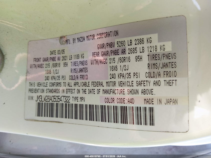 2005 Mazda Mpv Lx VIN: JM3LW28A050547322 Lot: 45519765