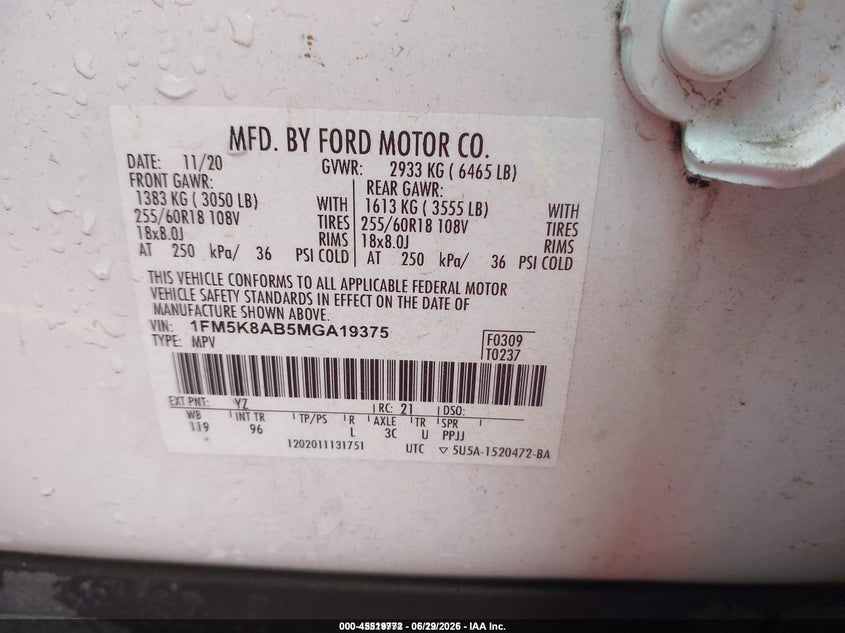 2021 Ford Police Interceptor VIN: 1FM5K8AB5MGA19375 Lot: 45519772