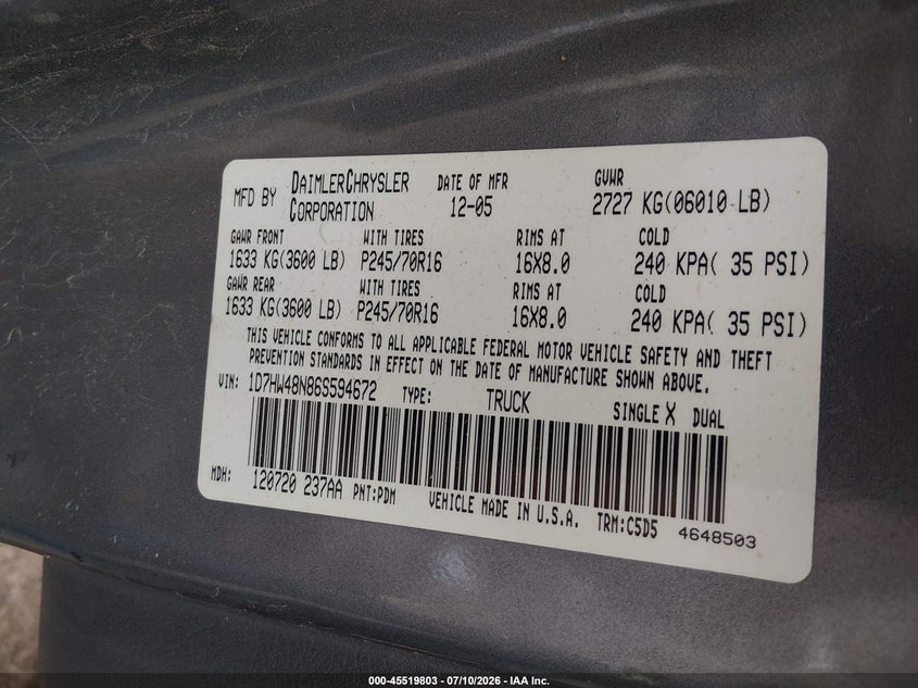 2006 Dodge Dakota Slt VIN: 1D7HW48N86S594672 Lot: 45519803