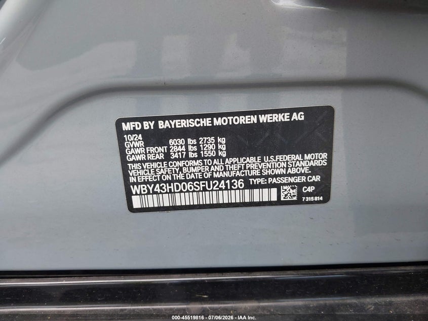 2025 BMW I4 Gran Coupe xDrive40 VIN: WBY43HD06SFU24136 Lot: 45519816