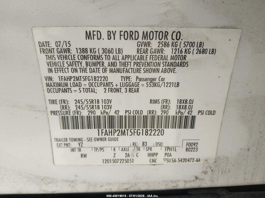 2015 Ford Police Interceptor VIN: 1FAHP2MT5FG182220 Lot: 45519818