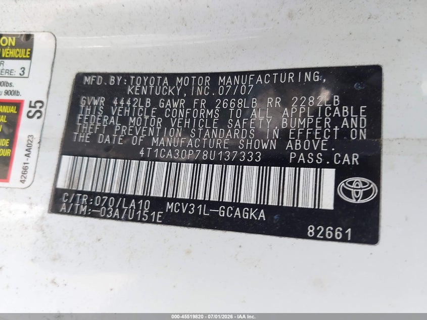 2008 Toyota Camry Solara Sle VIN: 4T1CA30P78U137333 Lot: 45519820