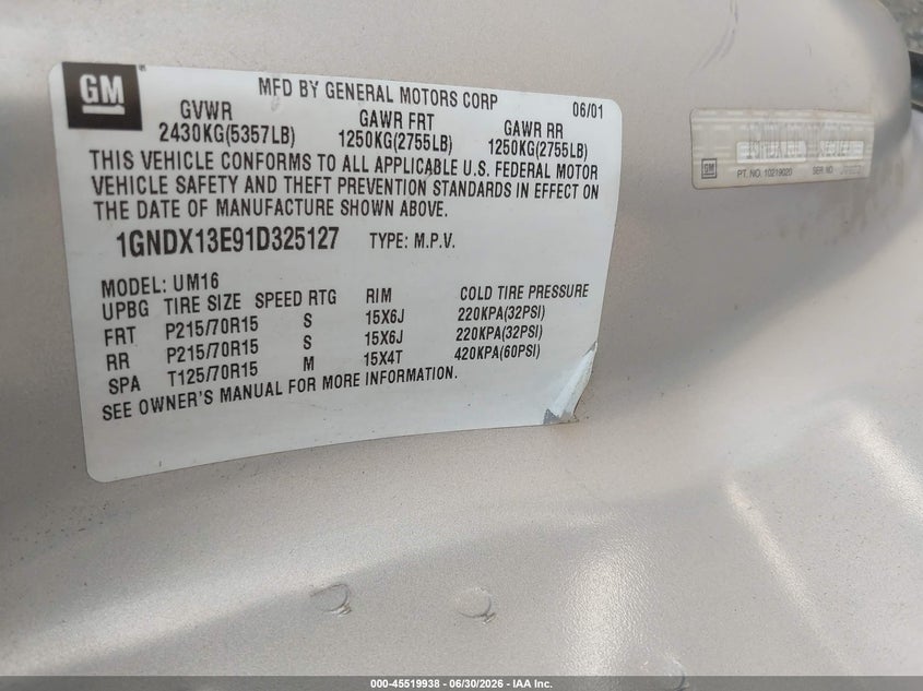 2001 Chevrolet Venture Warner Bros. W/Abf Seats VIN: 1GNDX13E91D325127 Lot: 45519938