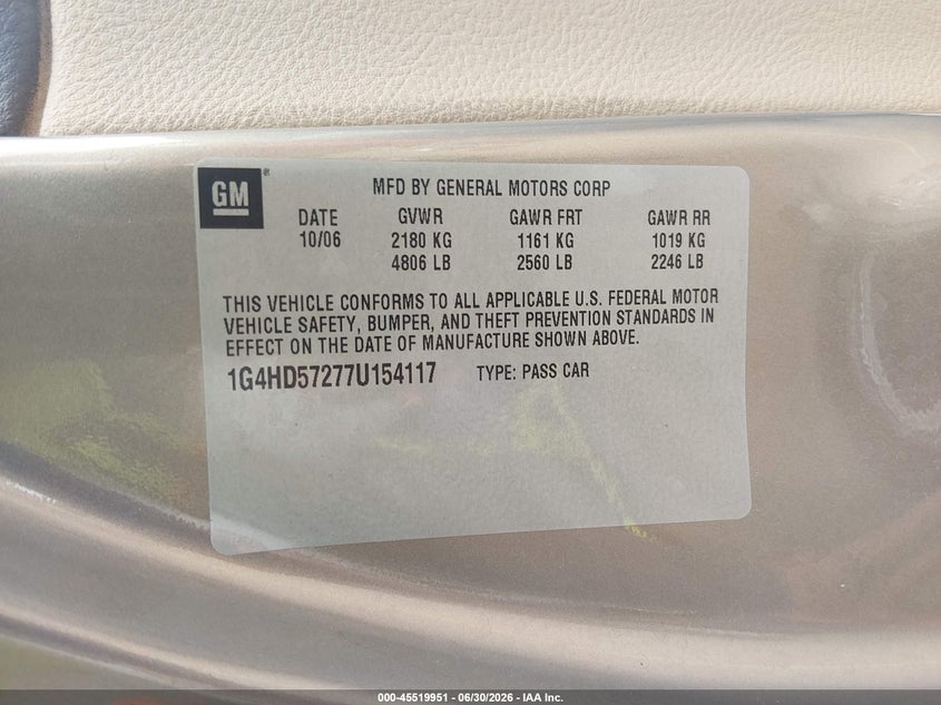 2007 Buick Lucerne Cxl VIN: 1G4HD57277U154117 Lot: 45519951