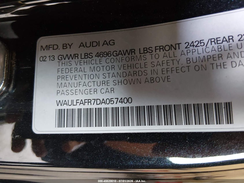 2013 Audi A5 2.0T Premium VIN: WAULFAFR7DA057400 Lot: 45520010