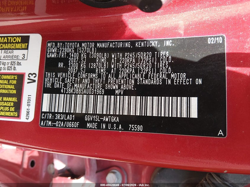 2010 Toyota Venza Base V6 VIN: 4T3BK3BB5AU031969 Lot: 45520046