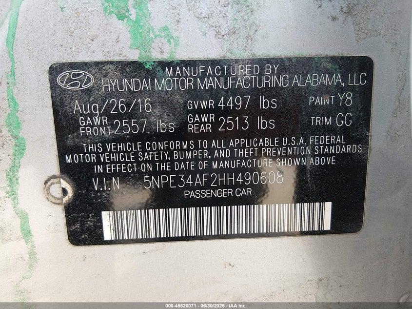 2017 HYUNDAI SONATA SEDAN 2.4L I-4 DI, DOHC, VVT, 185HP