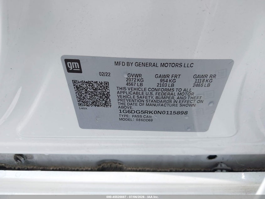 2022 Cadillac Ct4 Sport VIN: 1G6DG5RK0N0115898 Lot: 45520087