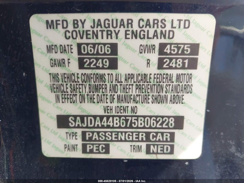 2007 Jaguar Xk VIN: SAJDA44B675B06228 Lot: 45520105