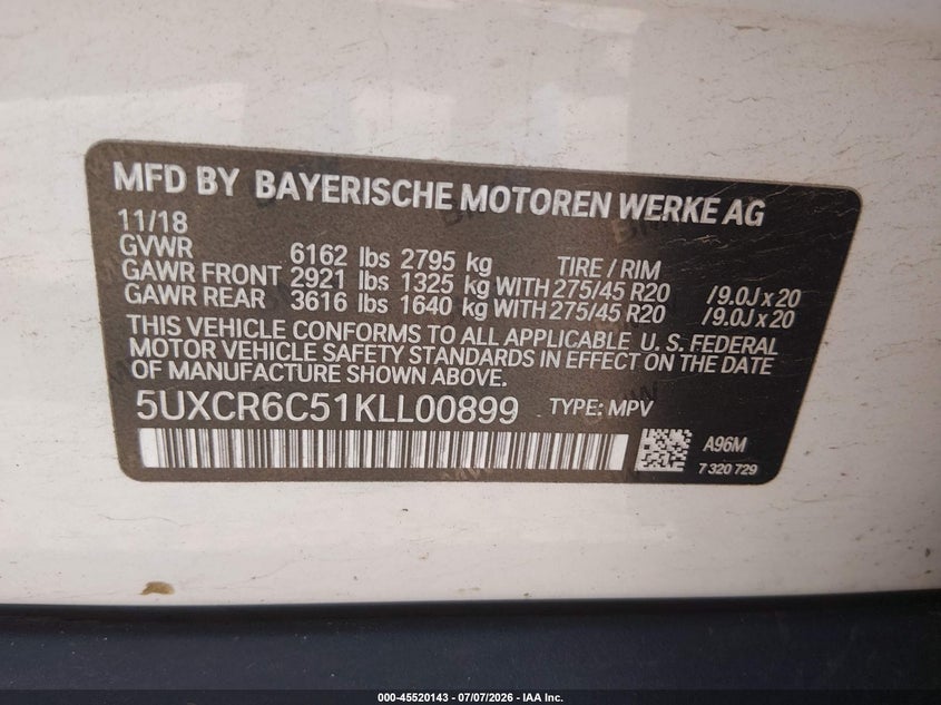 2019 BMW X5 xDrive40I VIN: 5UXCR6C51KLL00899 Lot: 45520143