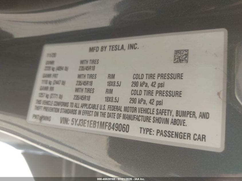 2021 TESLA MODEL 3 SEDAN ELECTRIC