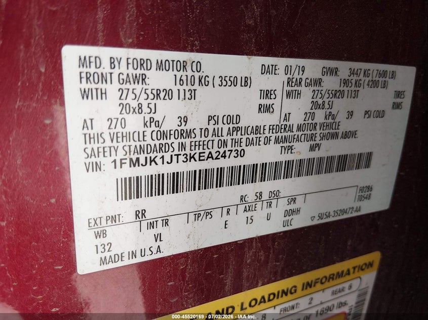FORD EXPEDITION MAX 2019 VIN 1FMJK1JT3KEA24730