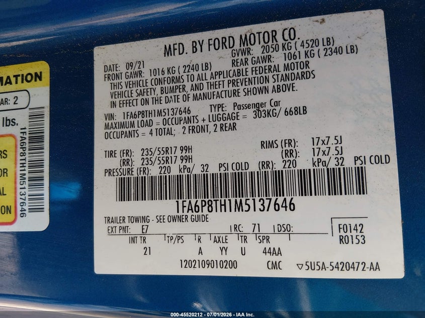 2021 FORD MUSTANG COUPE 2.3L I-4 DI, DOHC, VVT, TURBO, 310HP