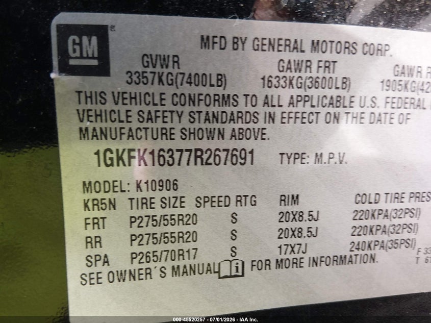 2007 GMC Yukon Xl 1500 Slt VIN: 1GKFK16377R267691 Lot: 45520257