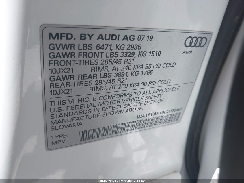 2020 Audi Q8 Prestige 55 Tfsi Quattro Tiptronic VIN: WA1FVAF16LD000402 Lot: 45520274