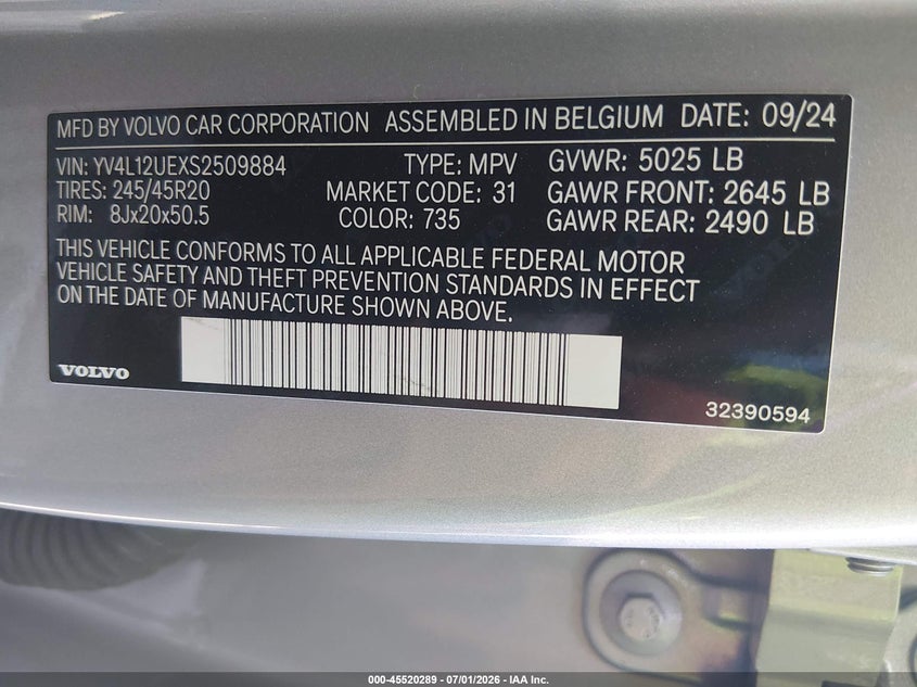 2025 Volvo Xc40 B5 Plus Bright Theme VIN: YV4L12UEXS2509884 Lot: 45520289
