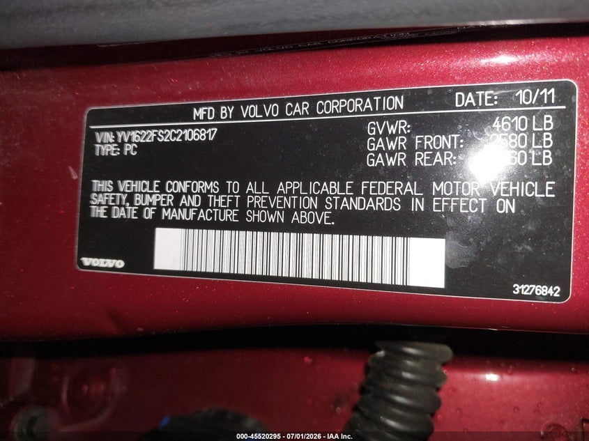 2012 Volvo S60 T5 VIN: YV1622FS2C2106817 Lot: 45520295