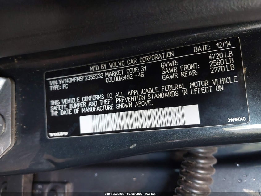 2015 Volvo S60 T5 Platinum VIN: YV140MFM5F2355532 Lot: 45520298