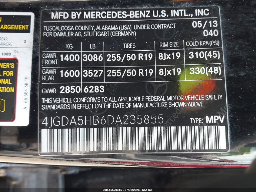2013 Mercedes-Benz Ml 350 4Matic VIN: 4JGDA5HB6DA235855 Lot: 45520315