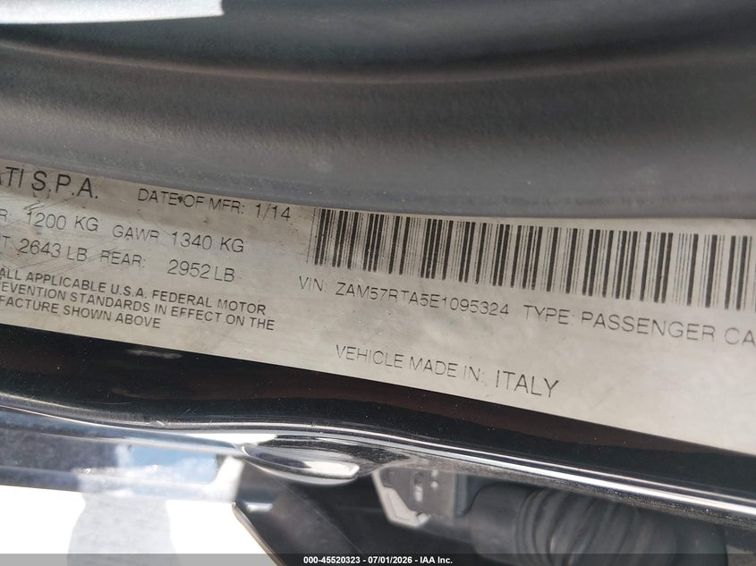 2014 Maserati Ghibli S Q4 VIN: ZAM57RTA5E1095324 Lot: 45520323