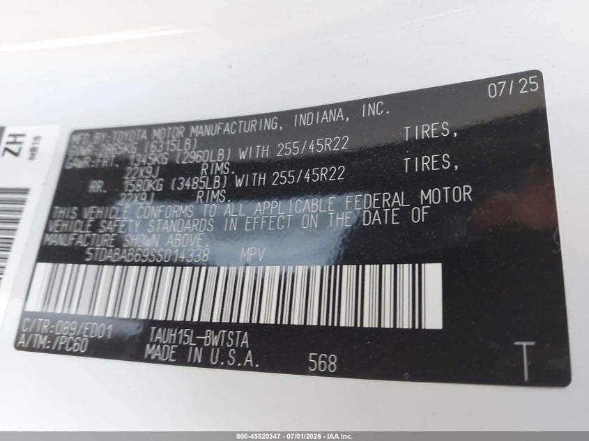 2025 Lexus Tx 500H F Sport Premium VIN: 5TDABAB69SS014338 Lot: 45520347