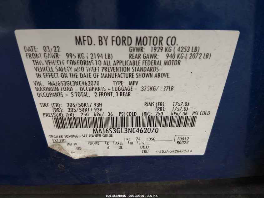 2022 Ford Ecosport Se VIN: MAJ6S3GL3NC462070 Lot: 45520405