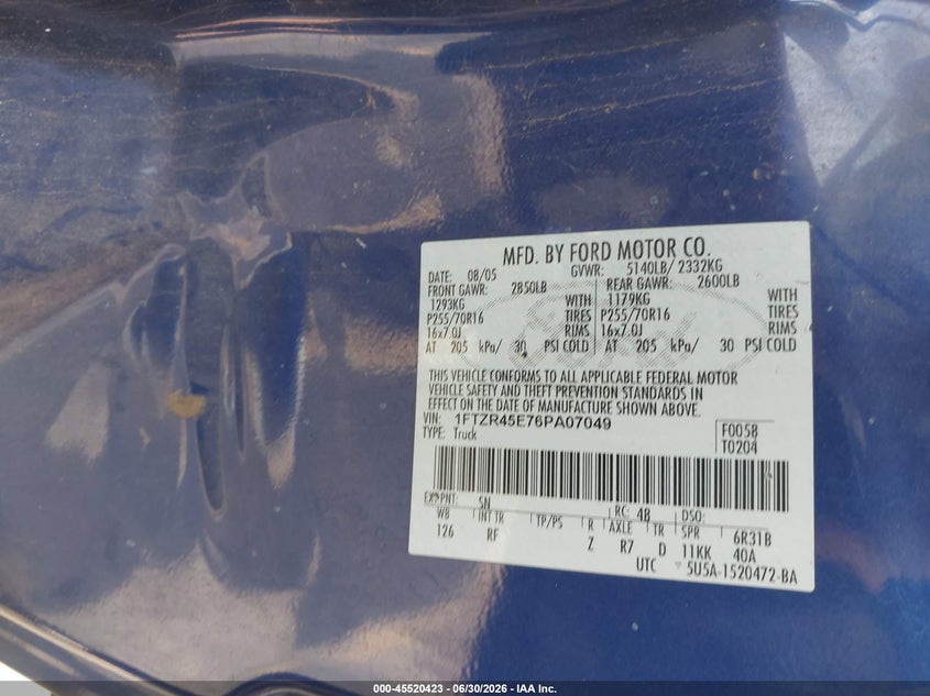 2006 FORD RANGER TRUCK 4.0L V-6 207HP