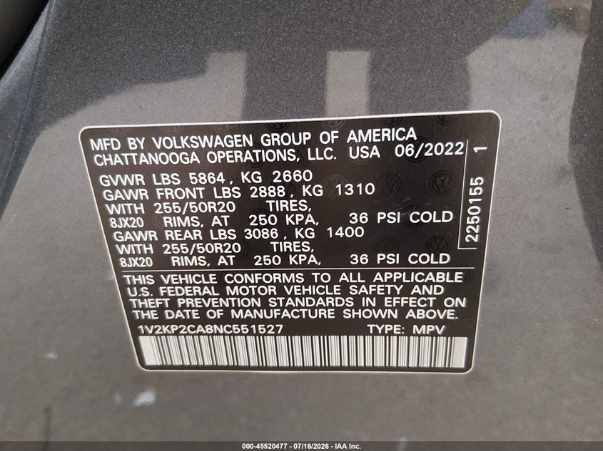 2022 Volkswagen Atlas 2.0T Se W/Technology VIN: 1V2KP2CA8NC551527 Lot: 45520477