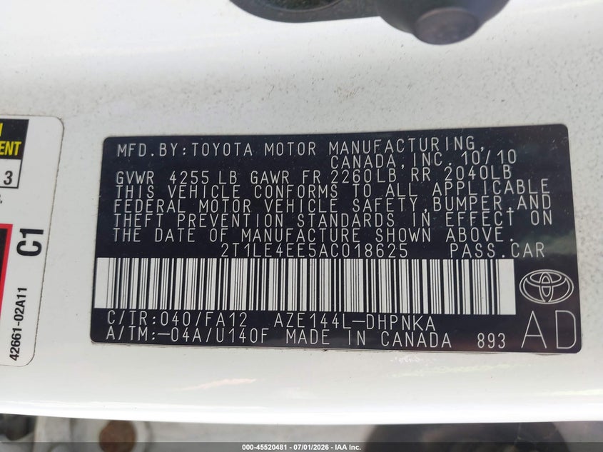 2010 Toyota Matrix S VIN: 2T1LE4EE5AC018625 Lot: 45520481