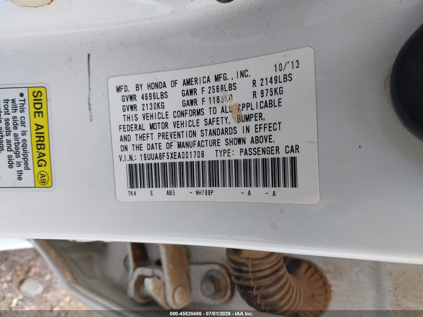 ACURA TL 2014 VIN 19UUA8F5XEA001708