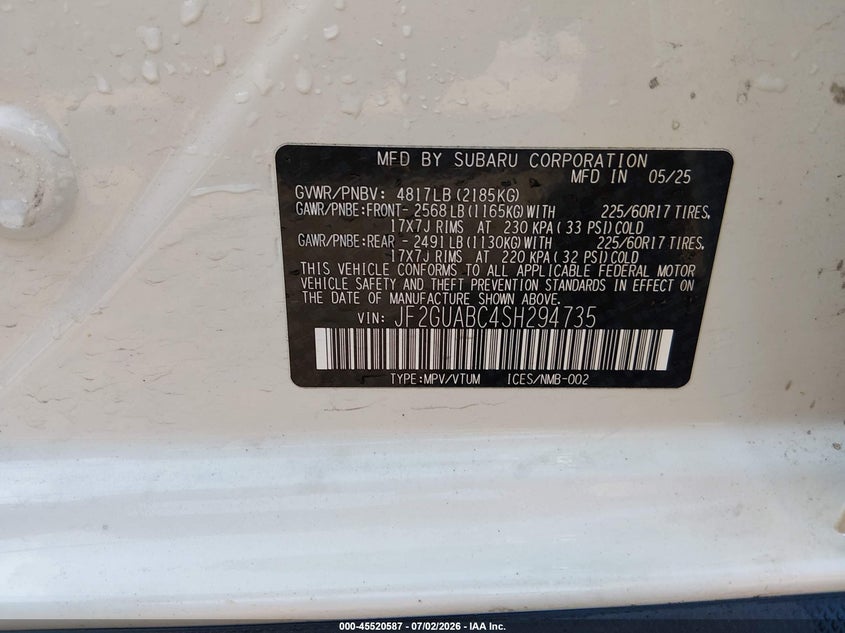 2025 SUBARU XV SPORT UTILITY VEHICLE 2.0L H-4 DI, DOHC, VVT, 152HP