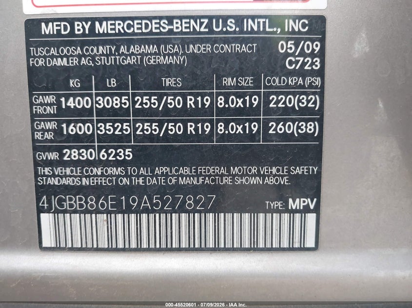 2009 Mercedes-Benz Ml 350 4Matic VIN: 4JGBB86E19A527827 Lot: 45520601