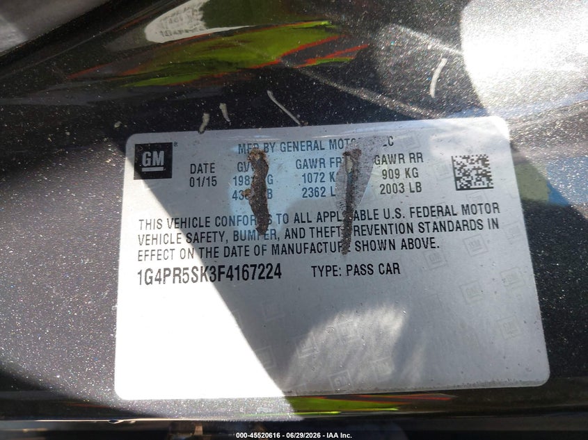 2015 Buick Verano Convenience Group VIN: 1G4PR5SK3F4167224 Lot: 45520616