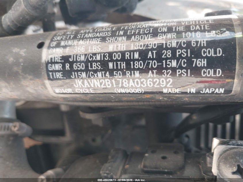 2008 Kawasaki Vn900 B VIN: JKAVN2B178A036292 Lot: 45520673